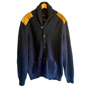 J Crew Men's XL Woodsman Chunky Knit Cardigan Sweater Shawlneck Leather Shoulder